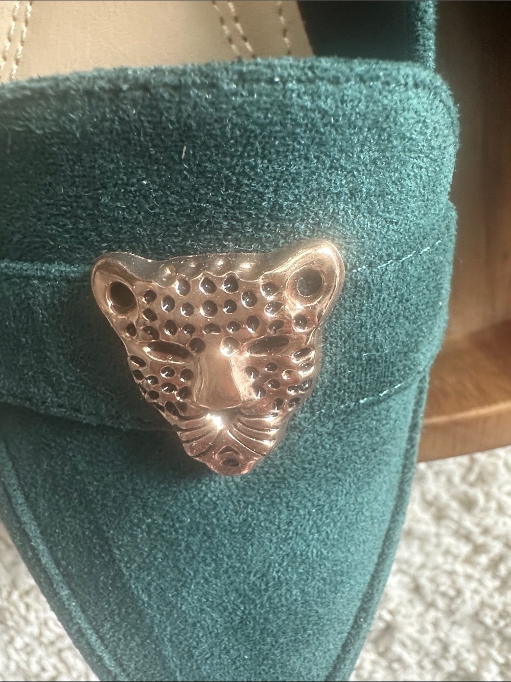 Green Suede Pointed-Toe Flats with Gold Cheetah Accent - Picture 2 of 5
